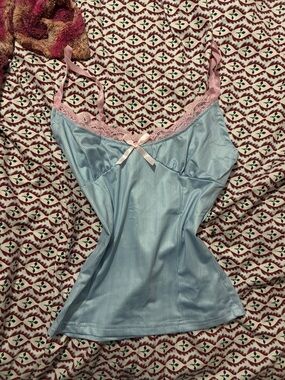 Light Blue with White Stripes & Pink Lace Cami Top